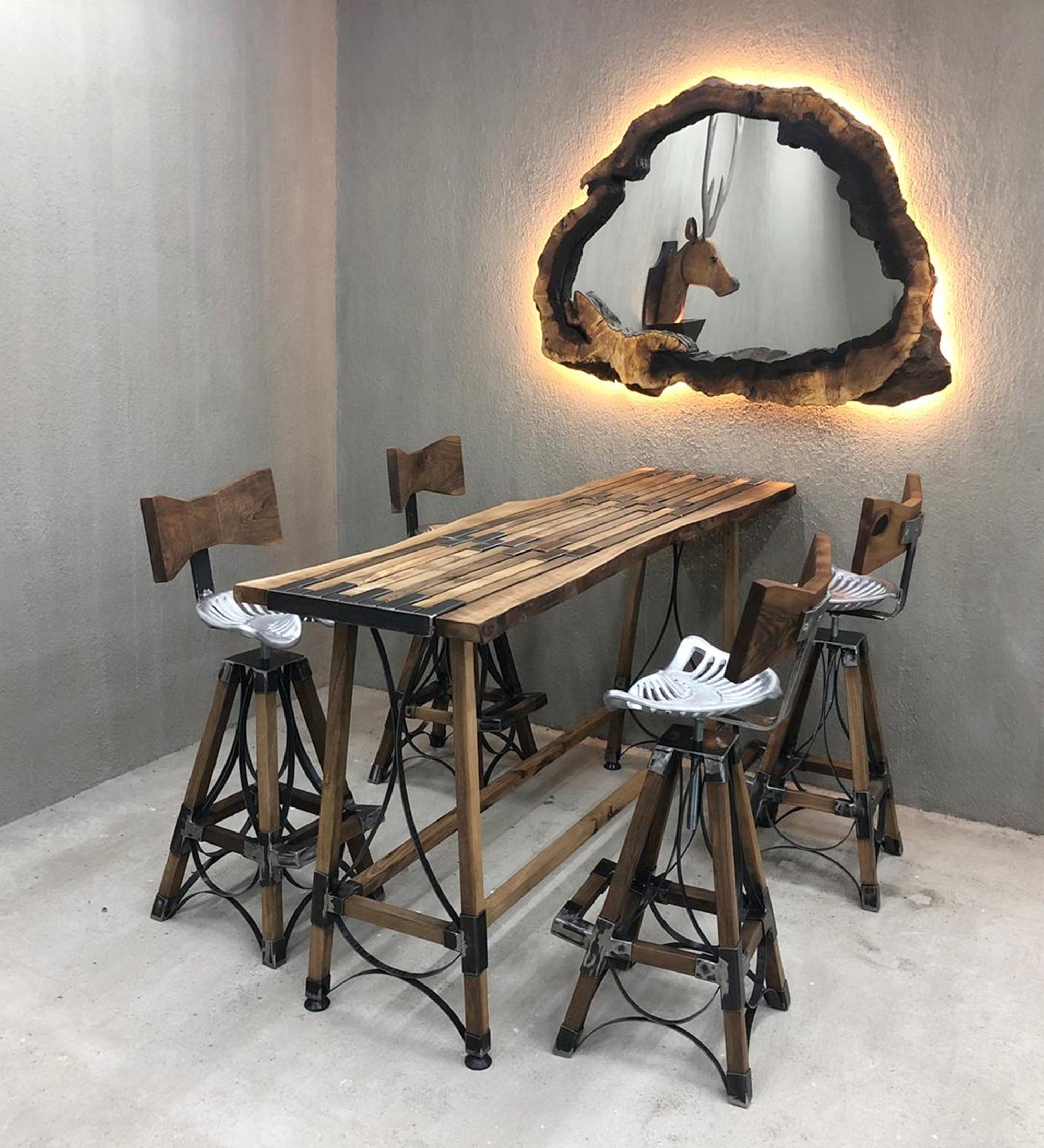 RUSTIC BAR TABLE AND BAR CHAIRS