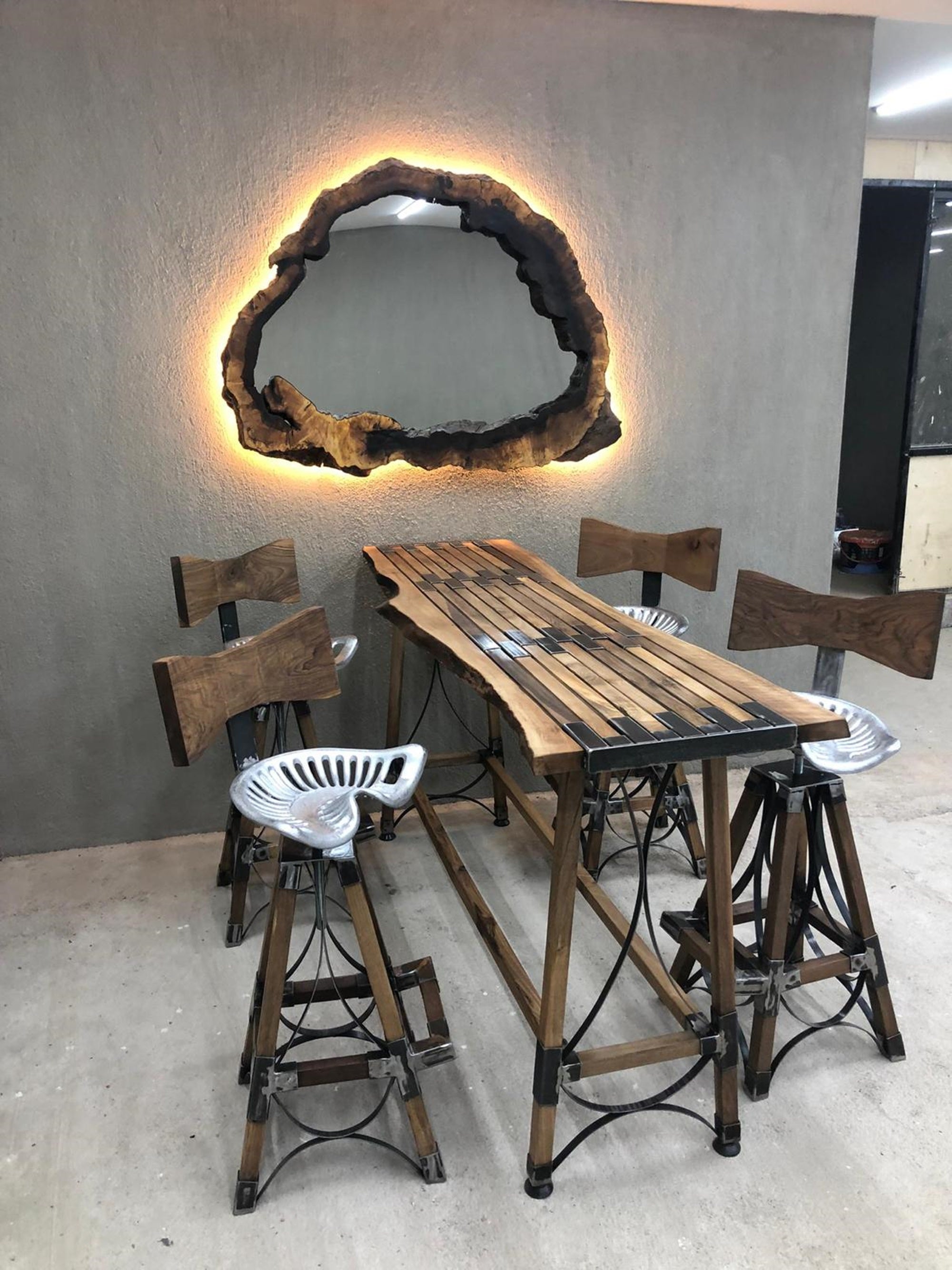 RUSTIC BAR TABLE AND BAR CHAIRS